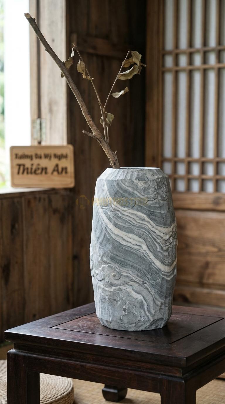 Lọ Hoa Đá Vân Mây Họa Tiết “Vân Mây” (Khắc Chìm Hoa Văn Mây Cổ). Kích Thước Cao 32Cm, Đk 15Cm.