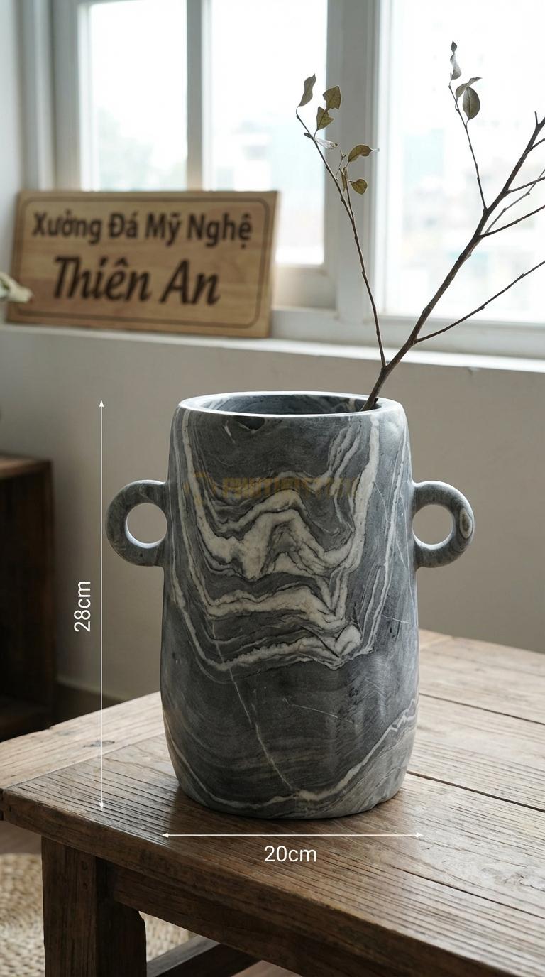 Lọ Hoa Đá Vân Mây Họa Tiết “Vành Khuyên” (Có Tay Cầm Tròn 2 Bên). Kích Thước Cao 28Cm, Ngang 20Cm.