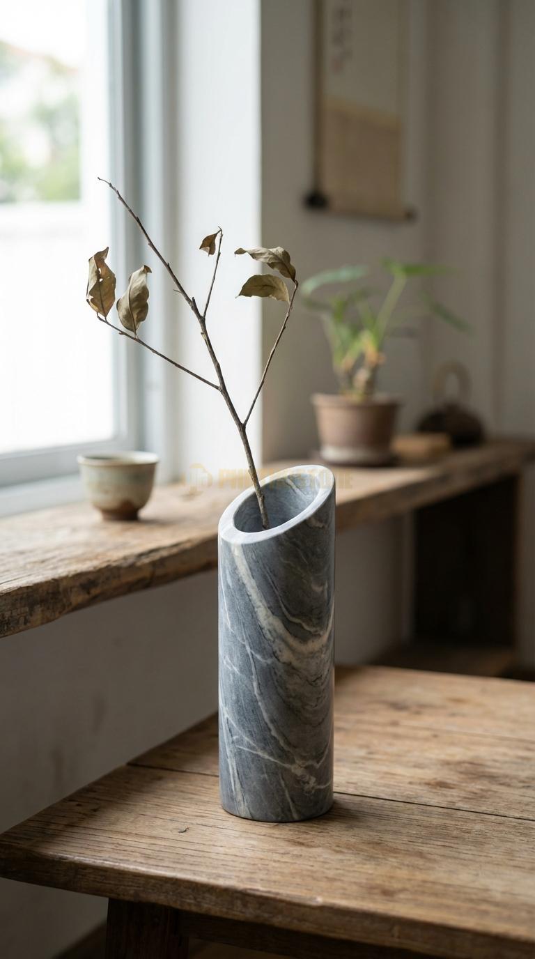 Lọ Hoa Đá Vân Mây Họa Tiết “Vát Xéo” (Miệng Lọ Cắt Vát 45 Độ Táo Bạo). Kích Thước Cao 20Cm, Đk 7Cm.