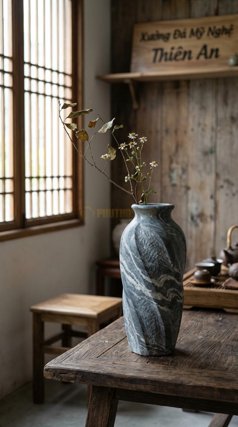 Lọ Hoa Đá Vân Mây Họa Tiết “Xoắn Ốc” (Thân Bình Vặn Xoắn Từ Dưới Lên). Kích Thước Cao 35Cm, Đk 12Cm.