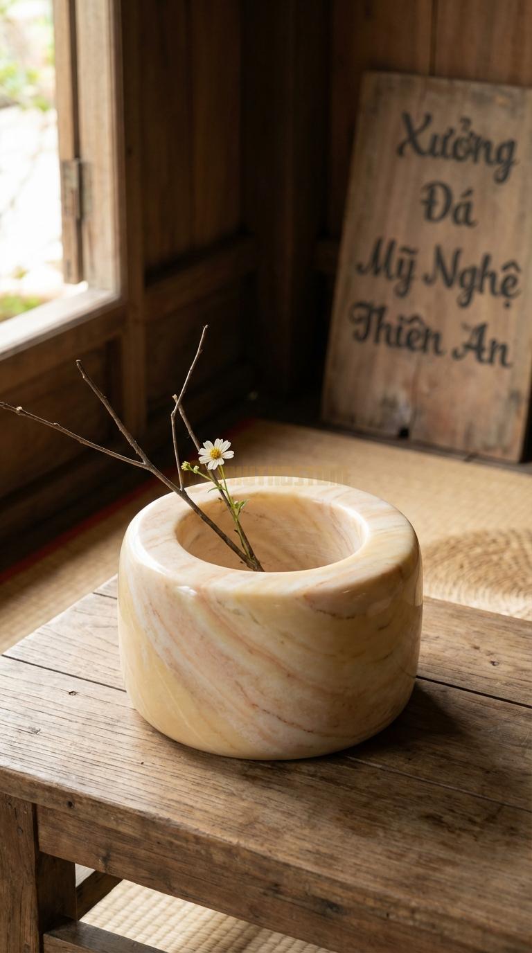 Lọ Hoa Đá Vàng Nghệ An Họa Tiết “Cối Đá Cổ” (Mô Phỏng Cối Xay Đá Ngày Xưa). Kích Thước Đk 25Cm, Cao 12Cm.