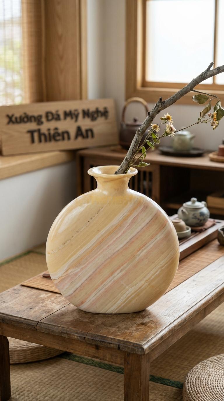 Lọ Hoa Đá Vàng Nghệ An Họa Tiết “Đĩa Bay Tròn” (Dáng Đĩa Tròn Dẹt, Miệng Loe). Kích Thước Đk 30Cm, Cao 6Cm.