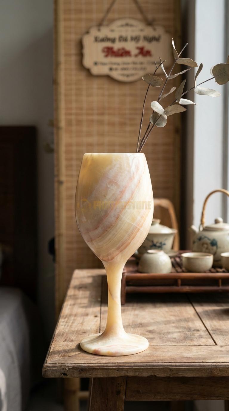Lọ Hoa Đá Vàng Nghệ An Họa Tiết “Ly Rượu Vang” (Dáng Ly Chân Cao Sang Trọng). Kích Thước Cao 30Cm, Đk Miệng 12Cm.