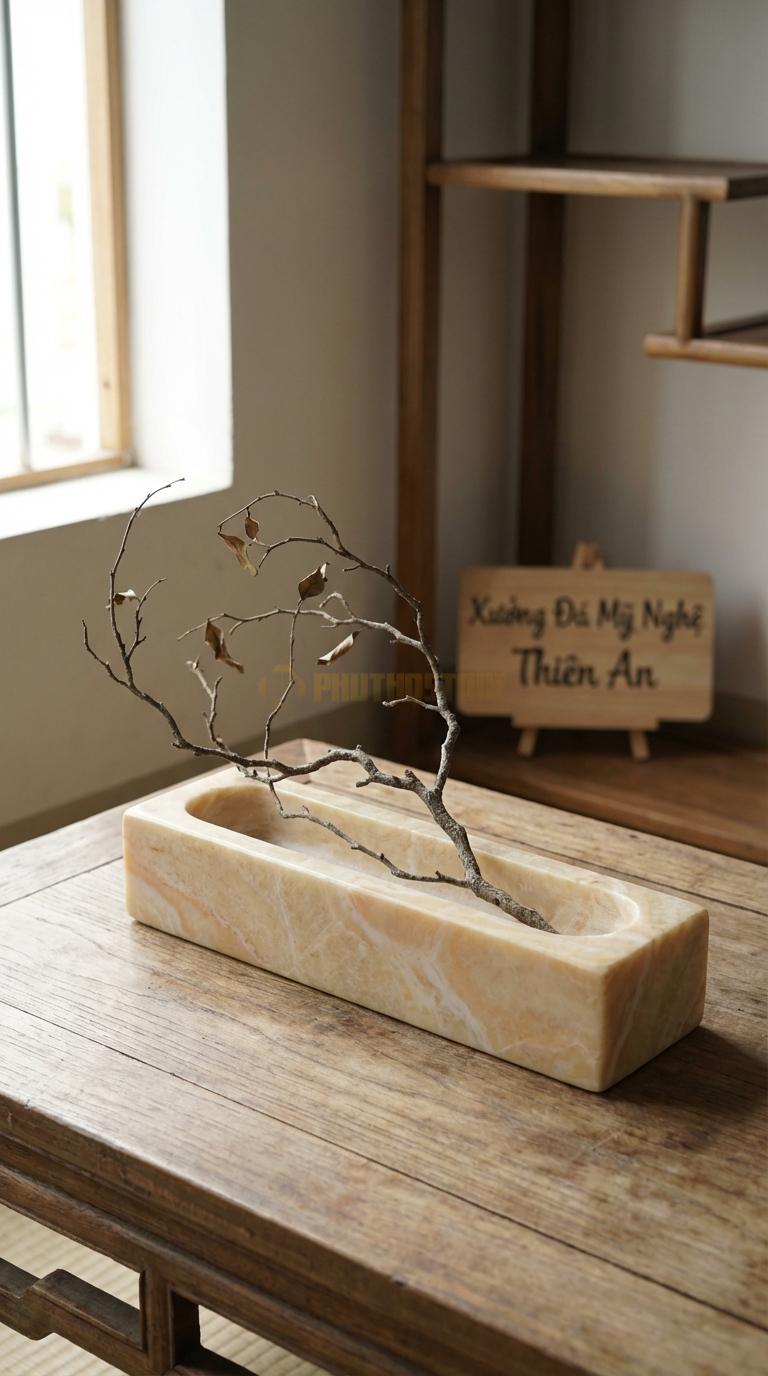 Lọ Hoa Đá Vàng Nghệ An Họa Tiết “Máng Nước” (Dáng Dài Hình Chữ Nhật Khoét Lòng). Kích Thước Dài 45Cm, Rộng 10Cm, Cao 7Cm.