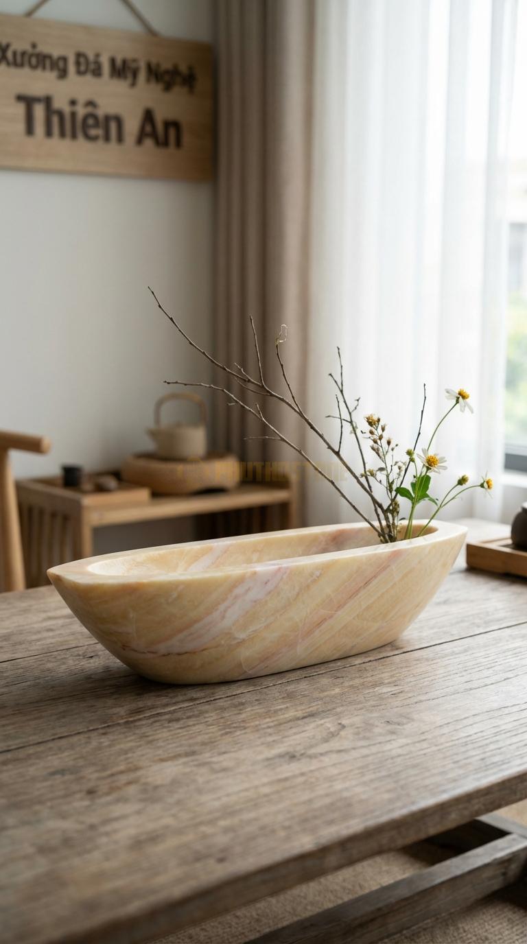 Lọ Hoa Đá Vàng Nghệ An Họa Tiết “Thuyền Nan” (Dáng Con Thuyền Dài, Lòng Nông). Kích Thước Dài 40Cm, Rộng 12Cm, Cao 8Cm.