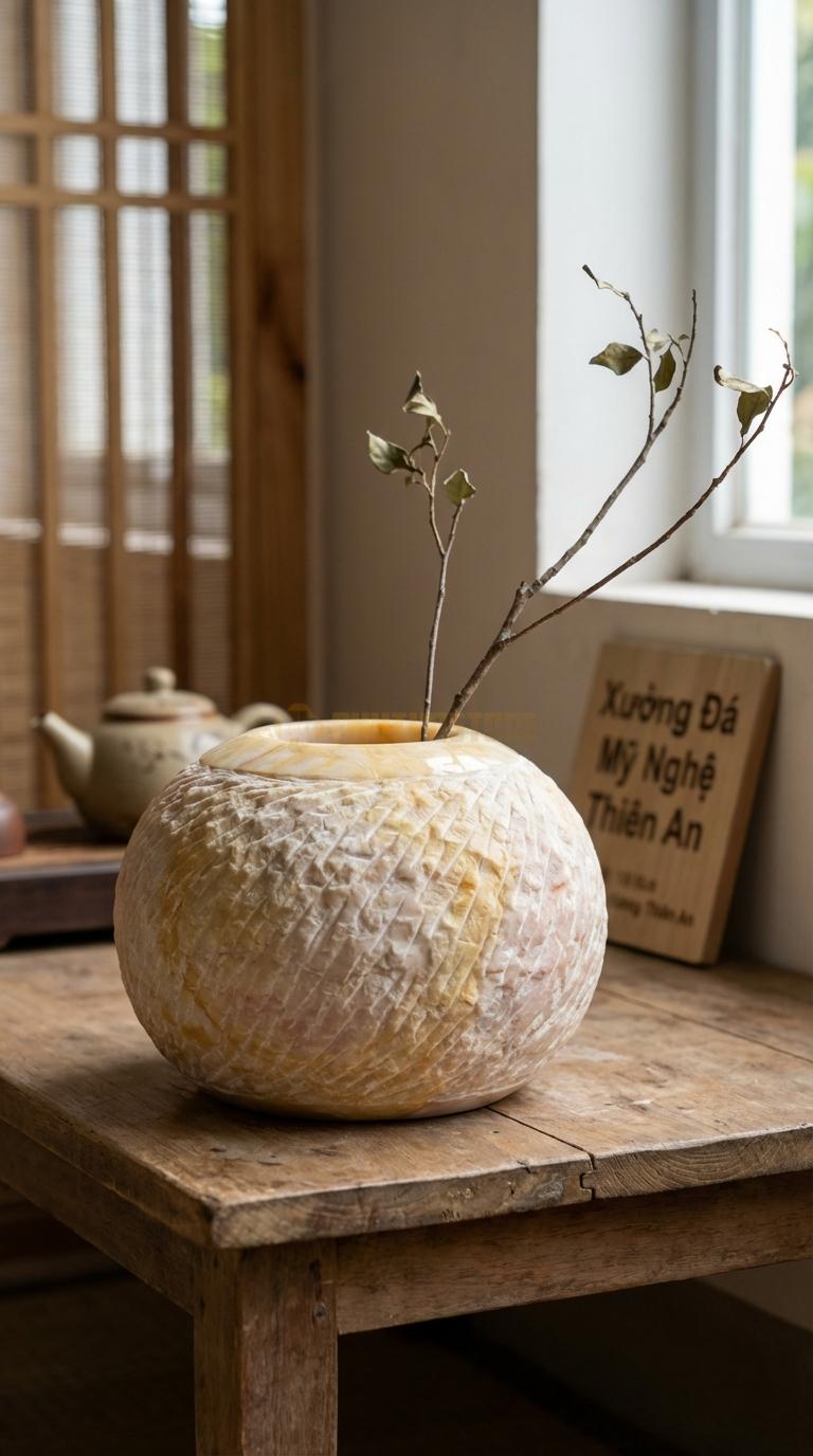Lọ Hoa Đá Vàng Nghệ An Họa Tiết “Tổ Chim” (Dáng Tròn, Bề Mặt Xước Rối). Kích Thước Đk 20Cm, Cao 10Cm.