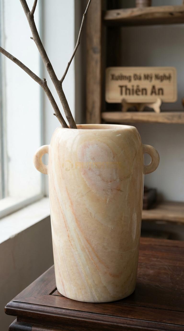 Lọ Hoa Đá Vàng Nghệ An Họa Tiết “Vành Khuyên” (Có Tay Cầm Tròn 2 Bên). Kích Thước Cao 28Cm, Ngang 20Cm.