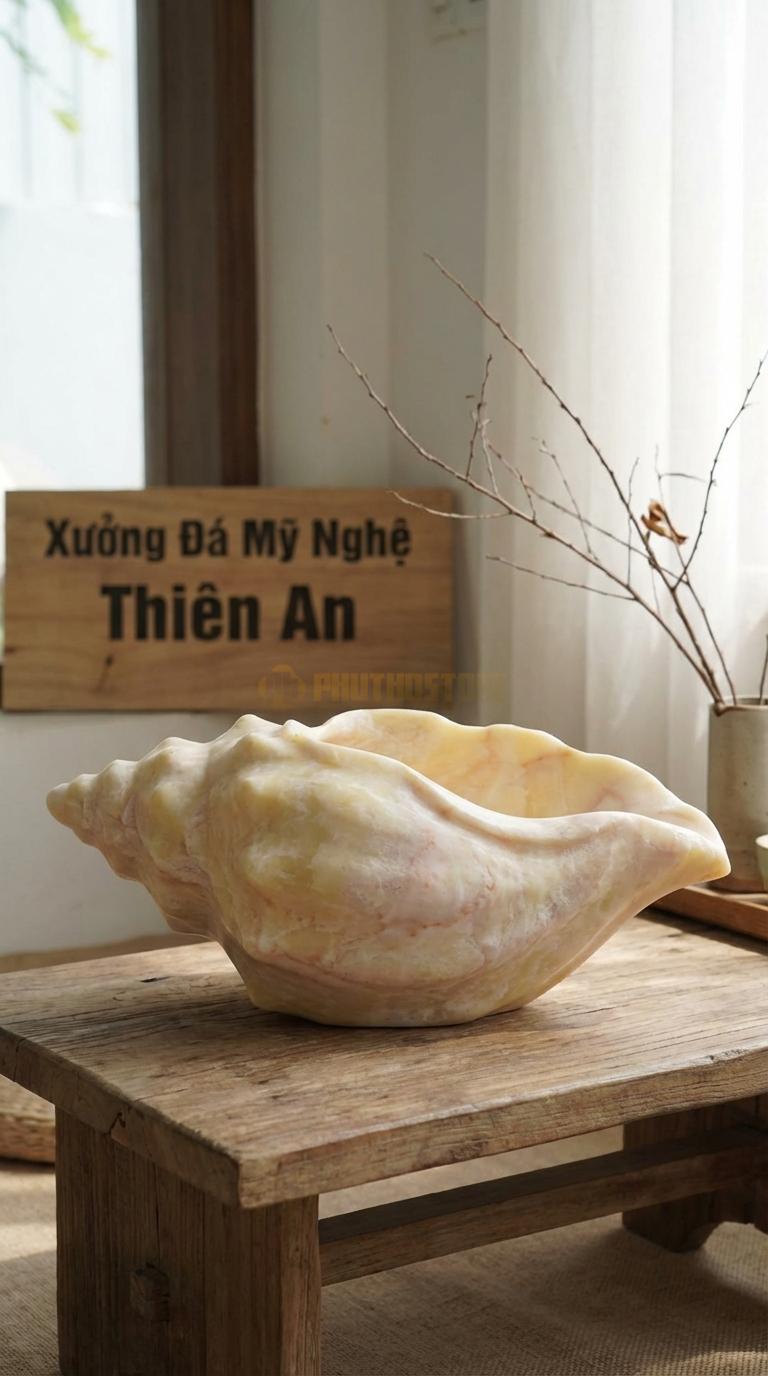 Lọ Hoa Đá Vàng Nghệ An Họa Tiết “Vỏ Sò” (Mô Phỏng Hình Vỏ Trai/Sò Lớn). Kích Thước Dài 28Cm, Rộng 18Cm, Cao 9Cm.