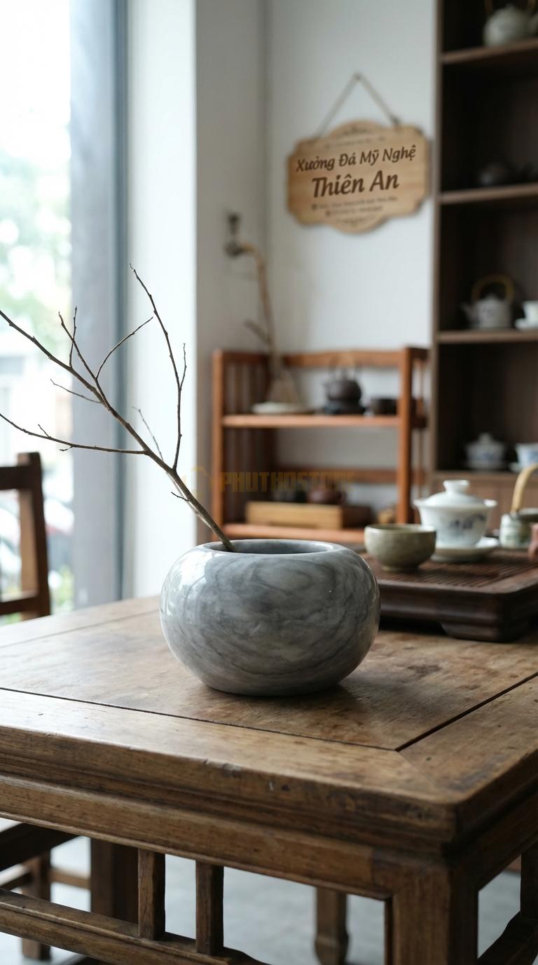 Lọ Hoa Đá Xám Vân Mây Họa Tiết “Bát Úp” (Dáng Thấp, Miệng Rộng Hơn Đáy). Kích Thước Cao 8Cm, Đk Miệng 12Cm.