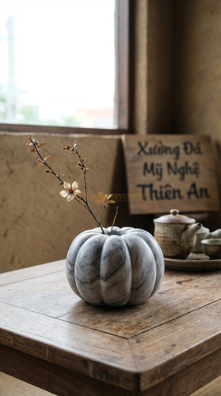 Lọ Hoa Đá Xám Vân Mây Họa Tiết “Bí Ngô” (Chia Múi Dọc Thân Giống Quả Bí). Kích Thước Cao 10Cm, Đk 13Cm.