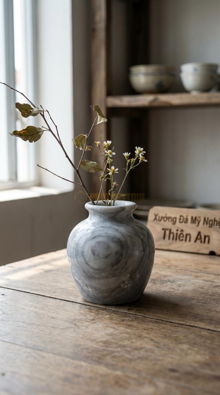 Lọ Hoa Đá Xám Vân Mây Họa Tiết “Chum Sành Mini” (Mô Phỏng Chum Nước Cổ). Kích Thước Cao 10Cm, Đk 10Cm.