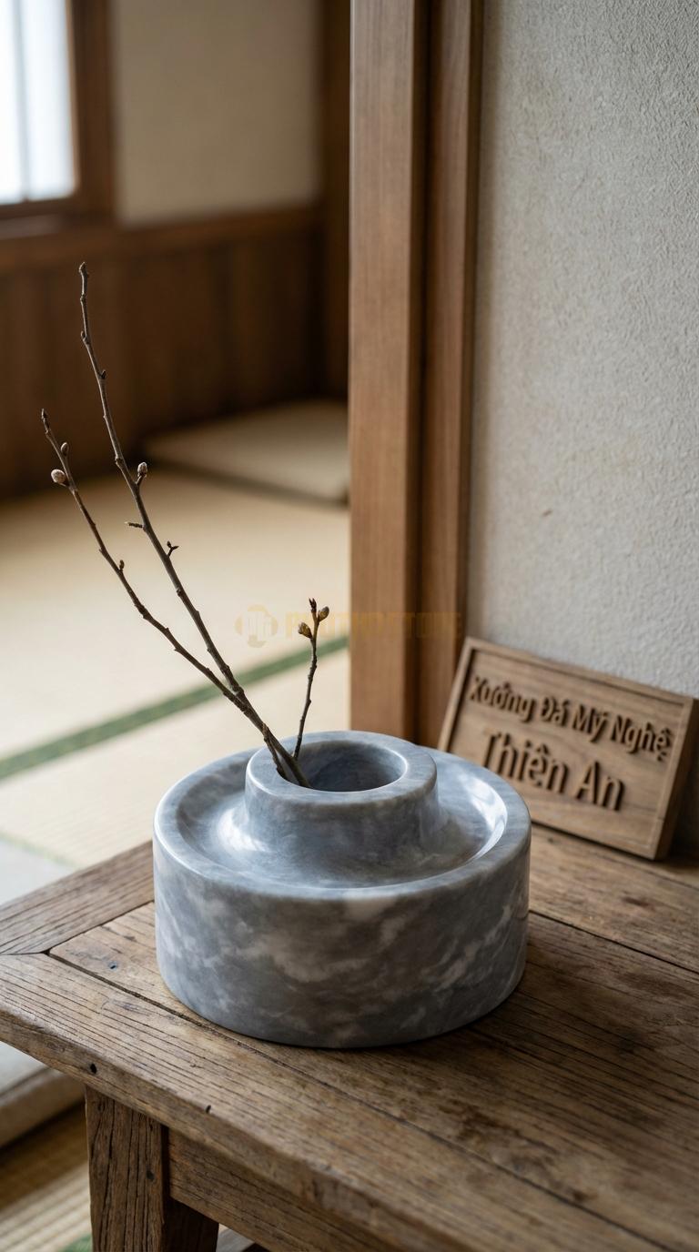 Lọ Hoa Đá Xám Vân Mây Họa Tiết “Cối Đá Cổ” (Mô Phỏng Cối Xay Đá Ngày Xưa). Kích Thước Đk 25Cm, Cao 12Cm.