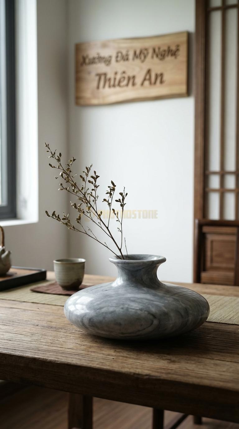 Lọ Hoa Đá Xám Vân Mây Họa Tiết “Đĩa Bay Tròn” (Dáng Đĩa Tròn Dẹt, Miệng Loe). Kích Thước Đk 30Cm, Cao 6Cm.