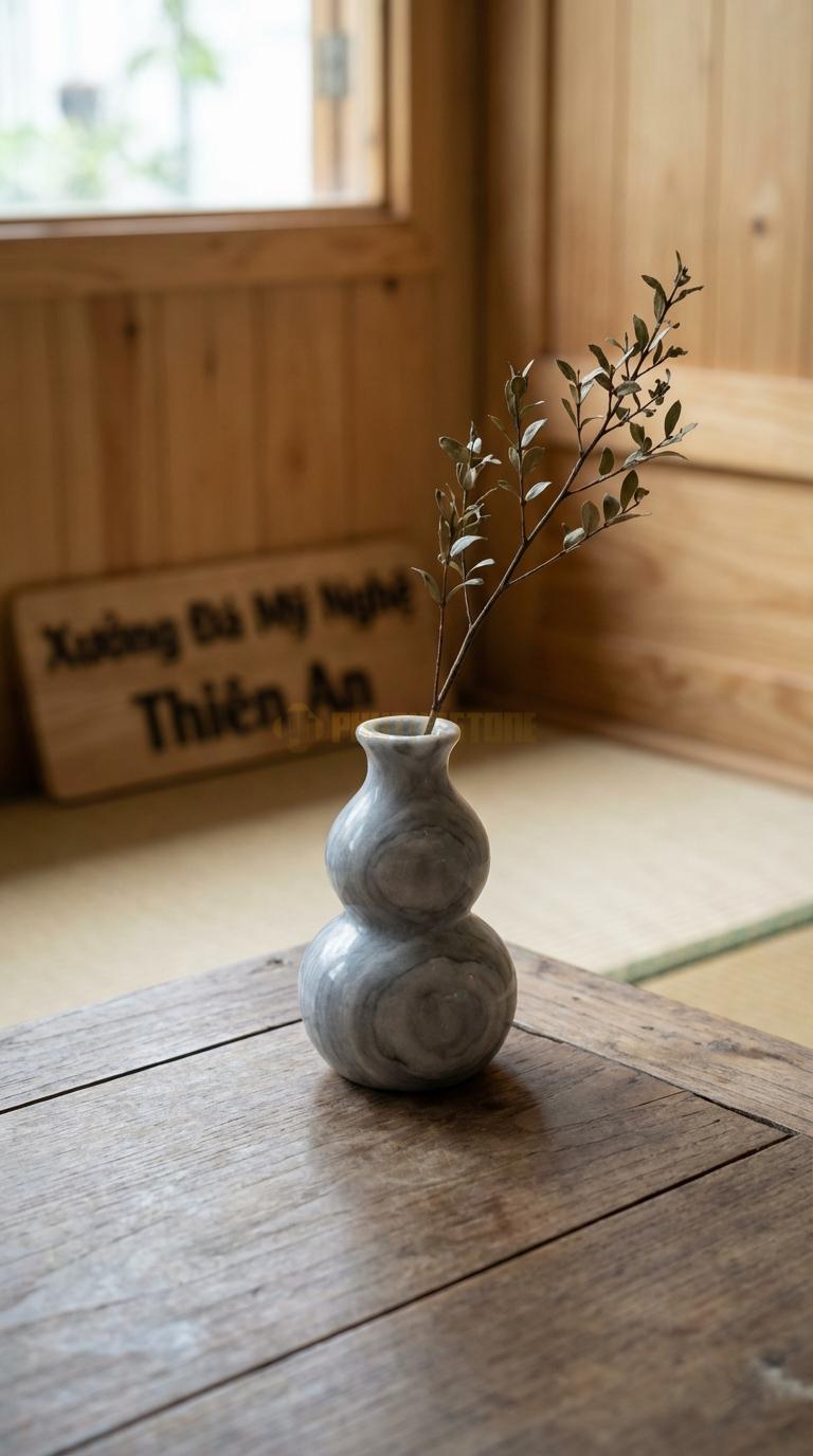 Lọ Hoa Đá Xám Vân Mây Họa Tiết “Hồ Lô Tí Hon” (Dáng Hồ Lô Phong Thủy Mini). Kích Thước Cao 14Cm, Đk 7Cm.