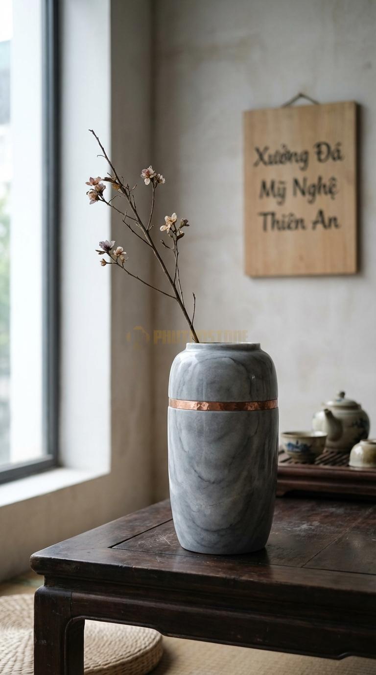 Lọ Hoa Đá Xám Vân Mây Họa Tiết “Kết Hợp Kim Loại” (Đá Kết Hợp Đai Đồng/Inox). Kích Thước Cao 26Cm, Đk 15Cm.