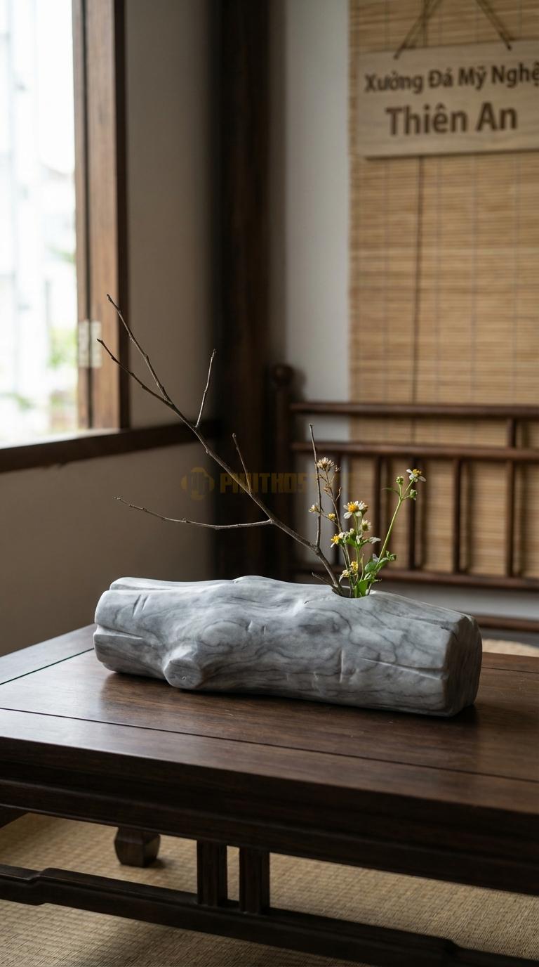 Lọ Hoa Đá Xám Vân Mây Họa Tiết “Khúc Gỗ Lũa” (Đá Tạo Hình Giống Gỗ Mục). Kích Thước Dài 38Cm, Cao 10Cm.