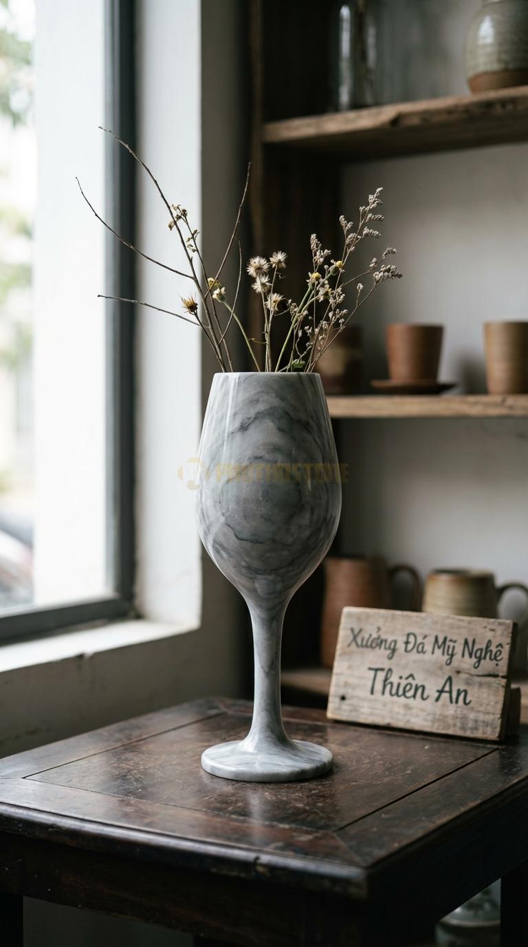 Lọ Hoa Đá Xám Vân Mây Họa Tiết “Ly Rượu Vang” (Dáng Ly Chân Cao Sang Trọng). Kích Thước Cao 30Cm, Đk Miệng 12Cm.