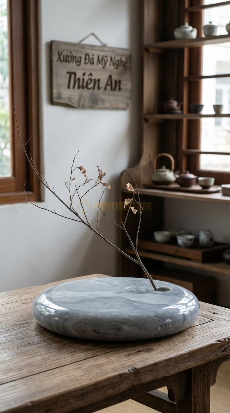 Lọ Hoa Đá Xám Vân Mây Họa Tiết “Mặt Hồ Phẳng” (Đĩa Mài Bóng Như Mặt Gương). Kích Thước Đk 35Cm, Cao 4Cm.