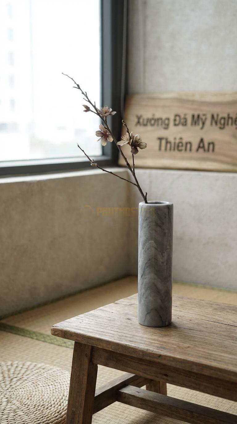 Lọ Hoa Đá Xám Vân Mây Họa Tiết “Ống Nghiệm” (Dáng Trụ Siêu Mảnh). Kích Thước Cao 18Cm, Đk 4Cm.