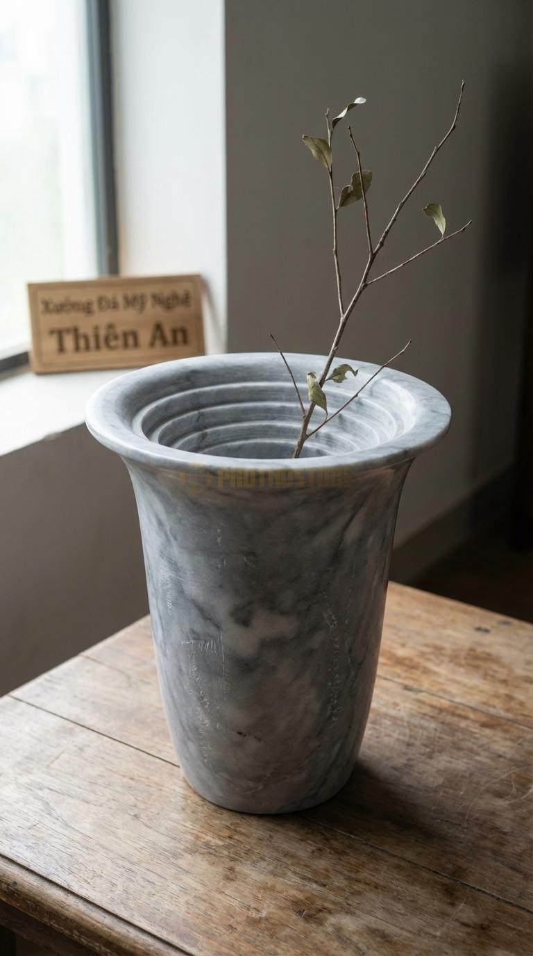 Lọ Hoa Đá Xám Vân Mây Họa Tiết “Ruộng Bậc Thang” (Lòng Lọ Giật Cấp). Kích Thước 30 x 20 x 8 Cm.