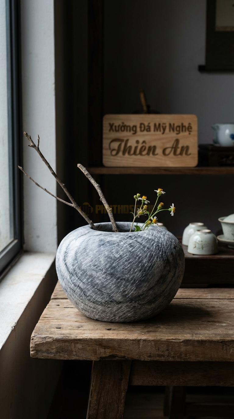 Lọ Hoa Đá Xám Vân Mây Họa Tiết “Tổ Chim” (Dáng Tròn, Bề Mặt Xước Rối). Kích Thước Đk 20Cm, Cao 10Cm.