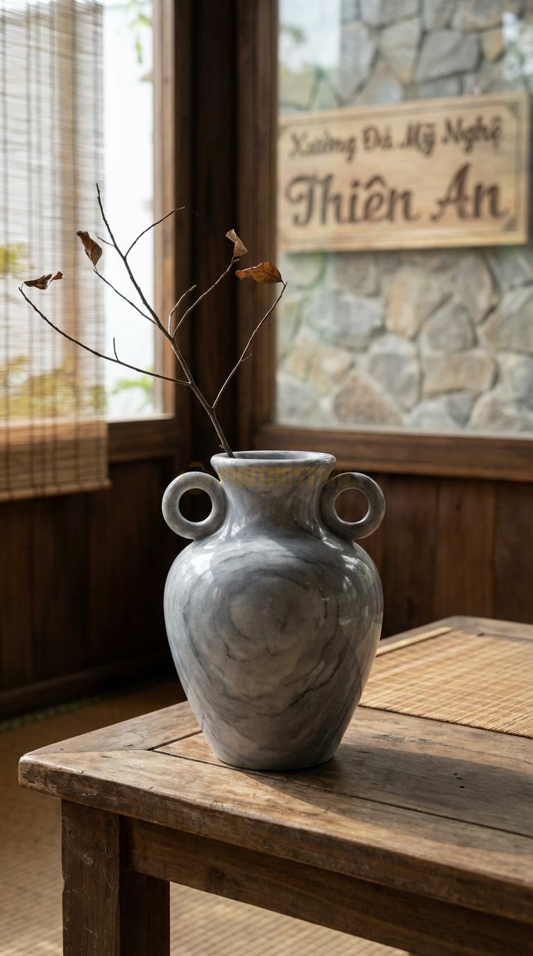 Lọ Hoa Đá Xám Vân Mây Họa Tiết “Vành Khuyên” (Có Tay Cầm Tròn 2 Bên). Kích Thước Cao 28Cm, Ngang 20Cm.