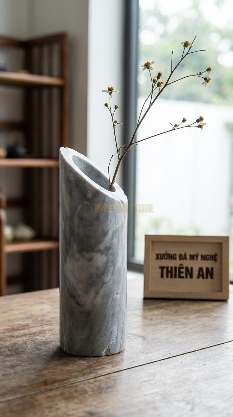 Lọ Hoa Đá Xám Vân Mây Họa Tiết “Vát Xéo” (Miệng Lọ Cắt Vát 45 Độ Táo Bạo). Kích Thước Cao 20Cm, Đk 7Cm.