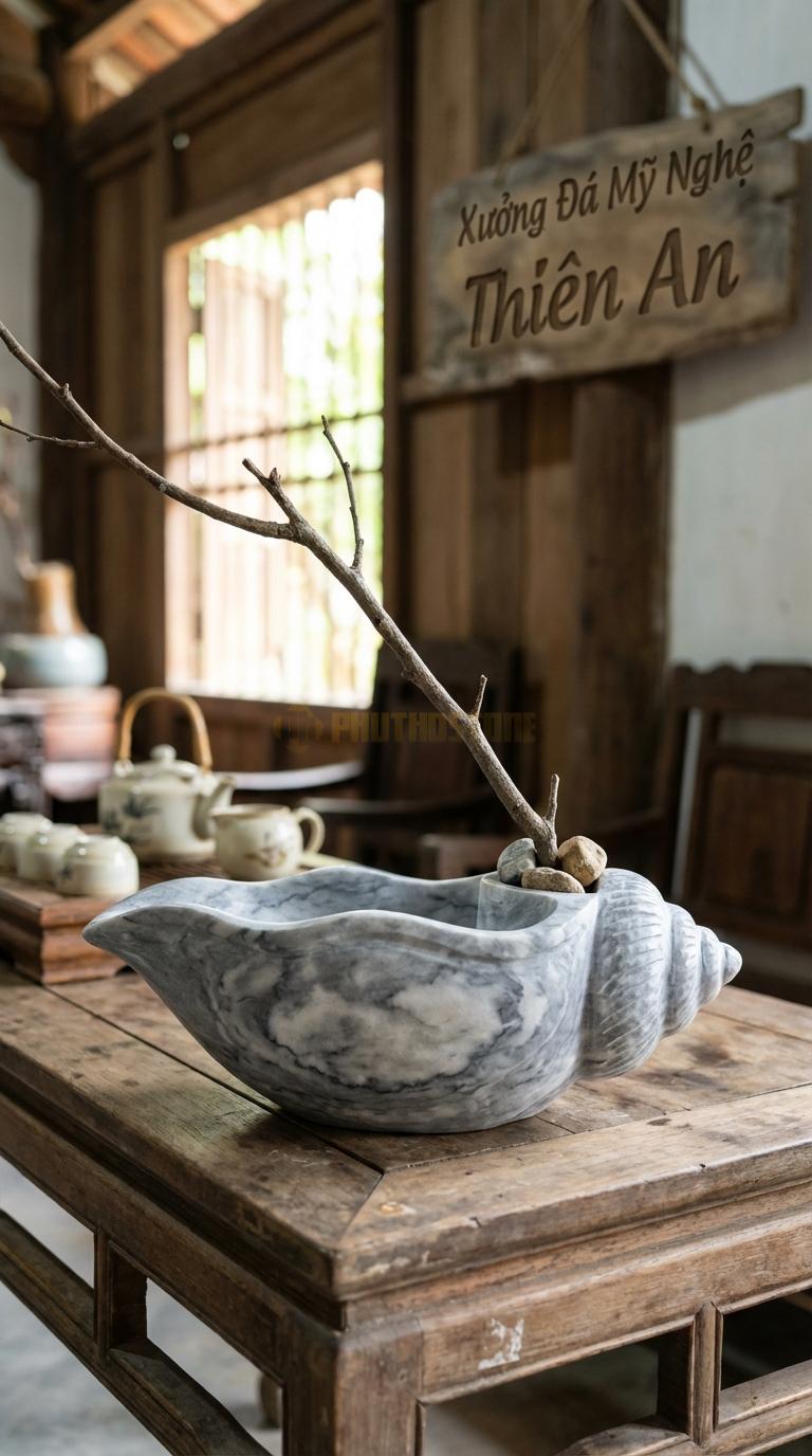 Lọ Hoa Đá Xám Vân Mây Họa Tiết “Vỏ Sò” (Mô Phỏng Hình Vỏ Trai/Sò Lớn). Kích Thước Dài 28Cm, Rộng 18Cm, Cao 9Cm.