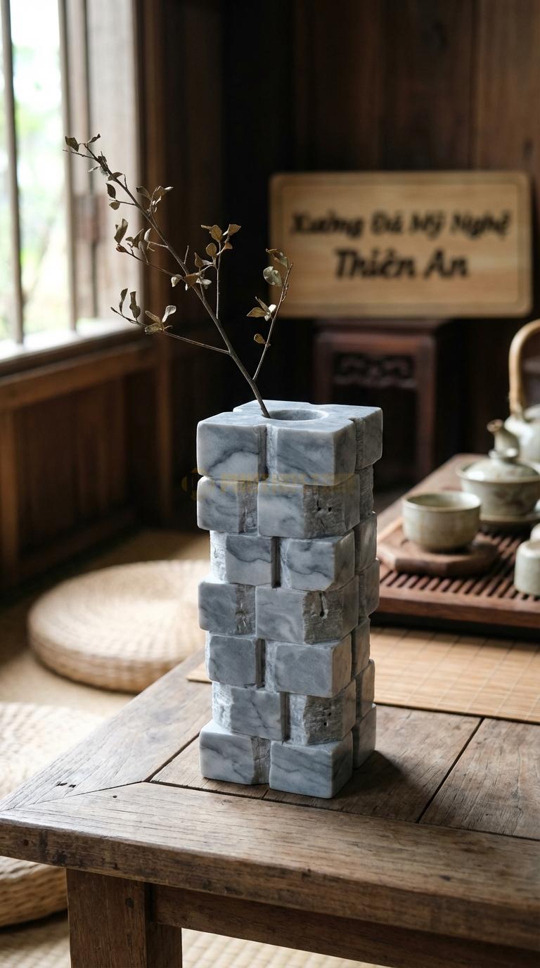 Lọ Hoa Đá Xám Vân Mây Họa Tiết “Xếp Tầng” (Các Khối Vuông Nhỏ Xếp Chồng Lên Nhau). Kích Thước Cao 16Cm, Vuông 7Cm.