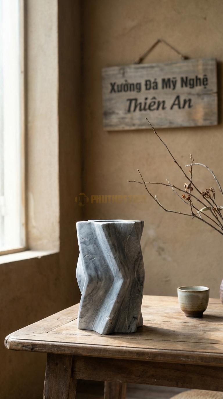 Lọ Hoa Đá Xám Vân Mây Họa Tiết “Ziczac” (Thân Lọ Có Các Đường Gấp Khúc). Kích Thước Cao 15Cm, Đk 9Cm.