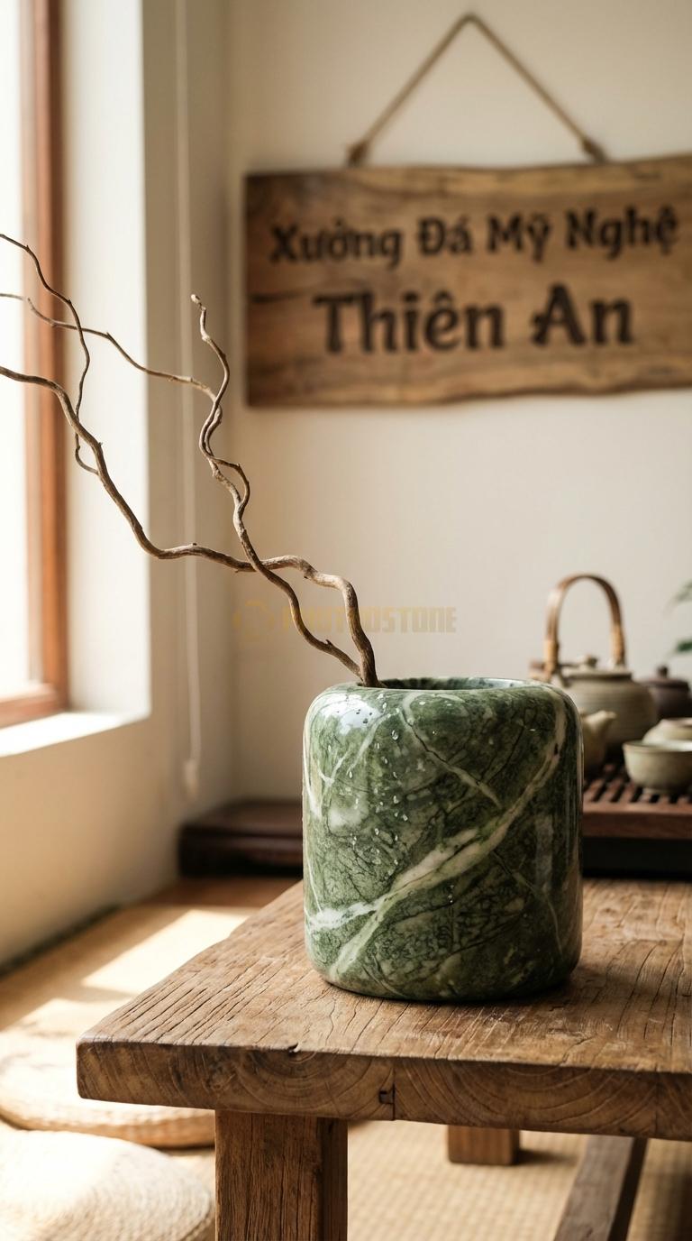 Lọ Hoa Đá Xanh Ấn Họa Tiết “Bóng Khí” (Tròn Vo Hoàn Hảo Như Bong Bóng, Mài Bóng Kính). Kích Thước Đk 12Cm, Cao 11Cm.