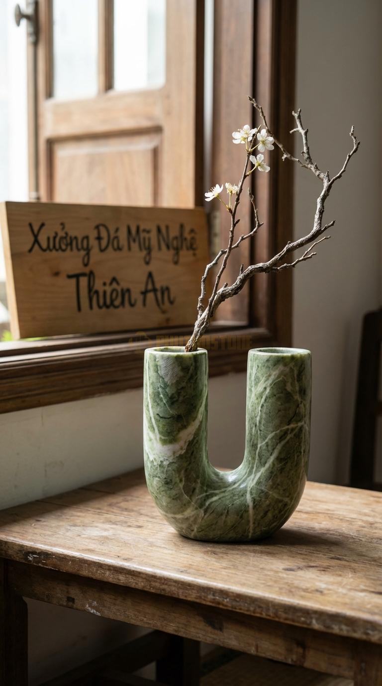 Lọ Hoa Đá Xanh Ấn Họa Tiết “Chữ U” (Dáng Cong Chữ U Hiện Đại). Kích Thước Cao 14Cm, Rộng 12Cm.