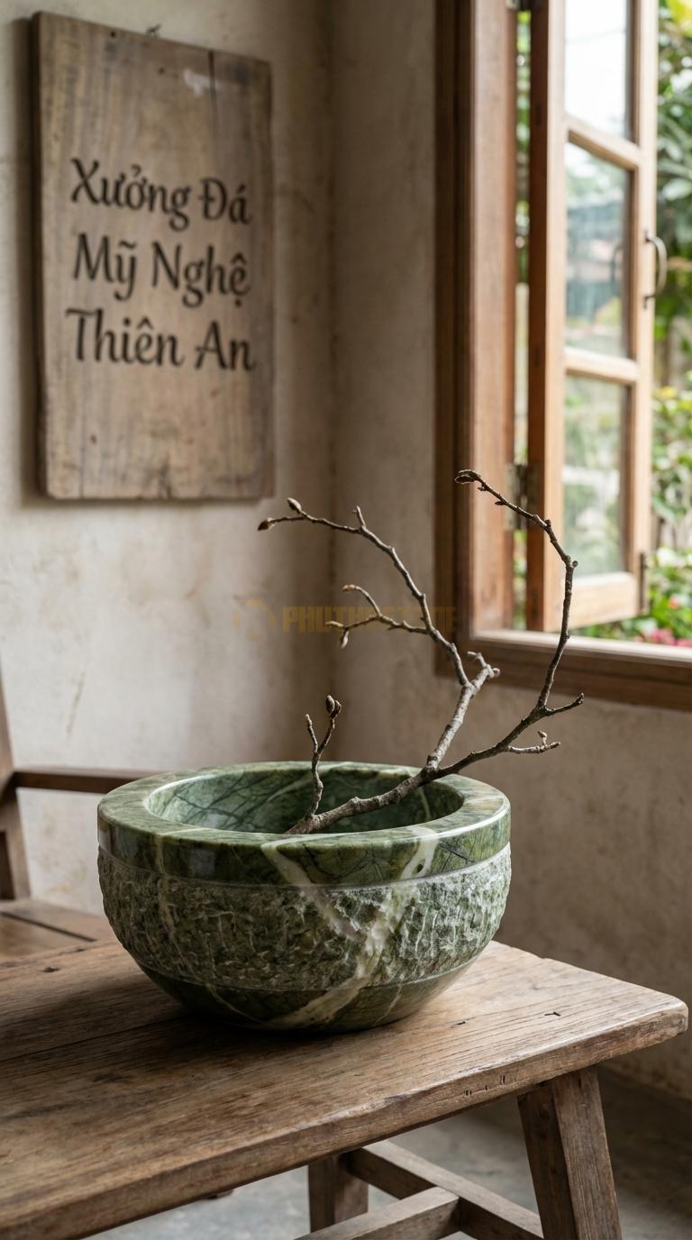 Lọ Hoa Đá Xanh Ấn Họa Tiết “Cối Đá Cổ” (Mô Phỏng Cối Xay Đá Ngày Xưa). Kích Thước Đk 25Cm, Cao 12Cm.