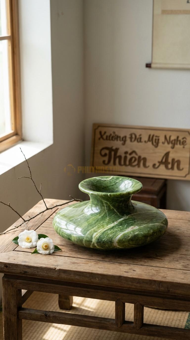 Lọ Hoa Đá Xanh Ấn Họa Tiết “Đĩa Bay Tròn” (Dáng Đĩa Tròn Dẹt, Miệng Loe). Kích Thước Đk 30Cm, Cao 6Cm.