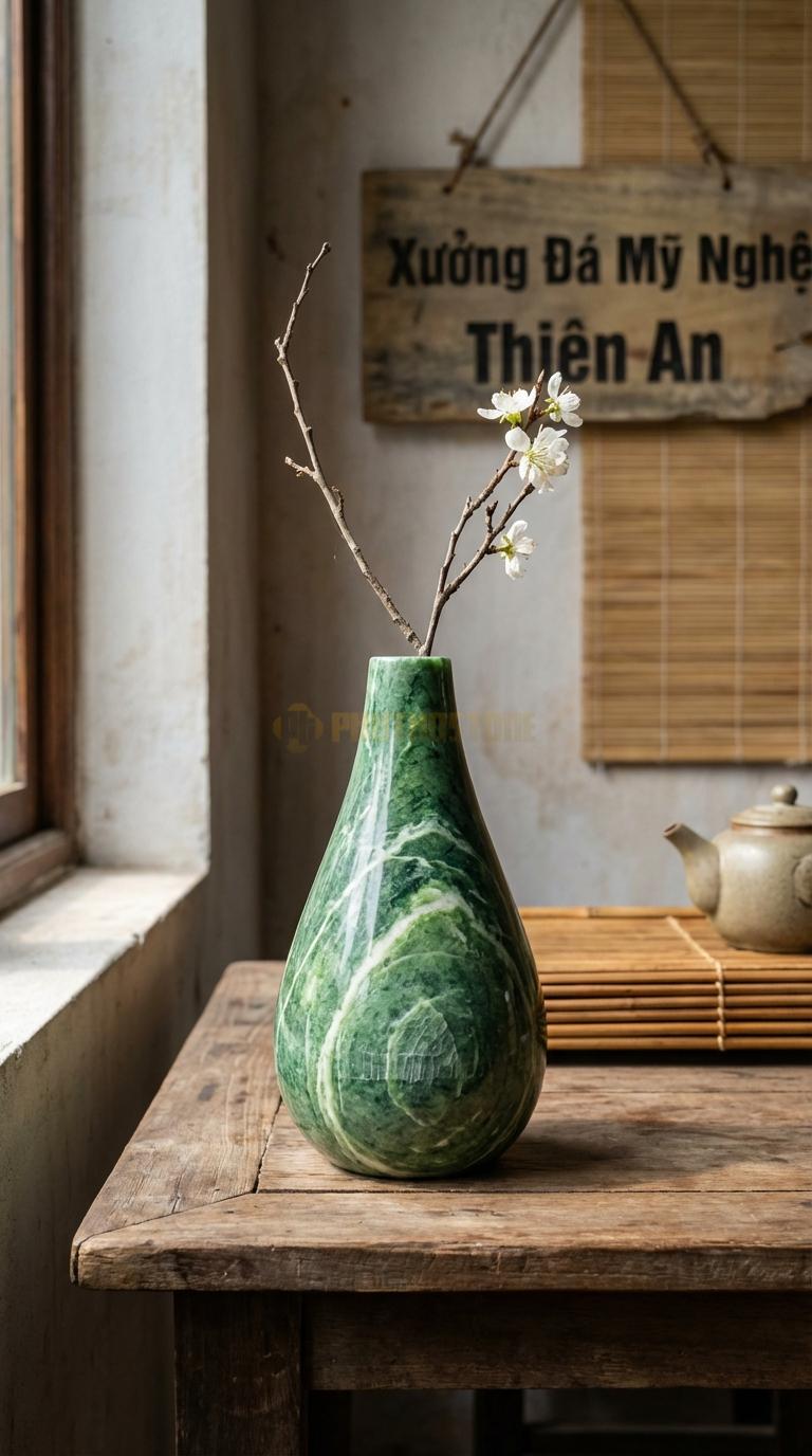 Lọ Hoa Đá Xanh Ấn Họa Tiết “Giọt Nước” (Thon Đáy, Bầu Tròn Ở Dưới). Kích Thước Cao 15Cm, Đk Bụng 8Cm.