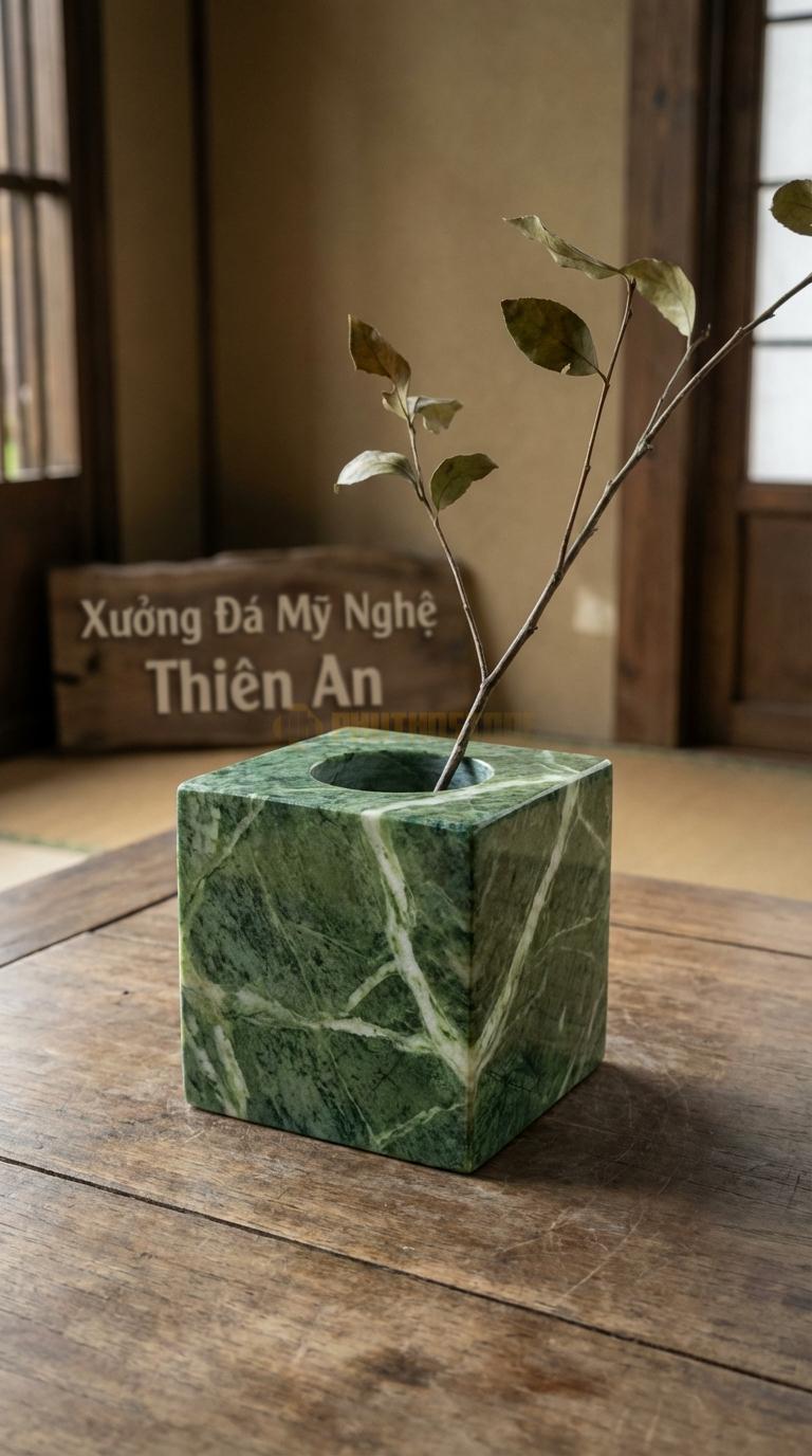 Lọ Hoa Đá Xanh Ấn Họa Tiết “Khối Lập Phương” (Vuông Vức 6 Mặt, Lỗ Cắm Tròn). Kích Thước 10 x 10 x 10 Cm.