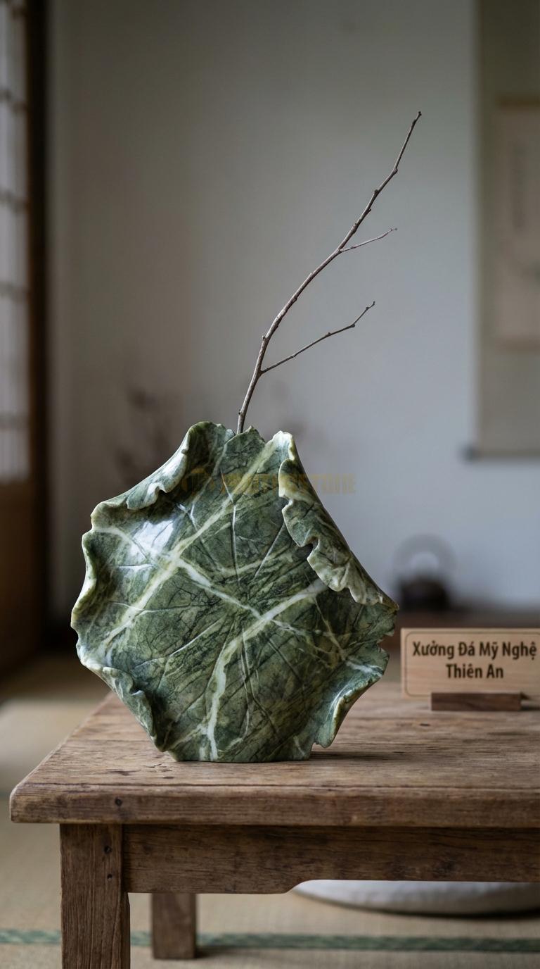 Lọ Hoa Đá Xanh Ấn Họa Tiết “Lá Sen Khô” (Viền Uốn Lượn Rách Tự Nhiên). Kích Thước Dài 35Cm, Rộng 25Cm, Cao 5Cm.