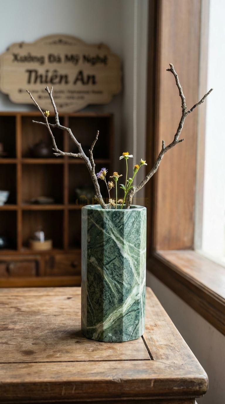 Lọ Hoa Đá Xanh Ấn Họa Tiết “Lục Giác Đứng” (Hình Trụ 6 Cạnh Vát). Kích Thước Cao 15Cm, Đk 8Cm.