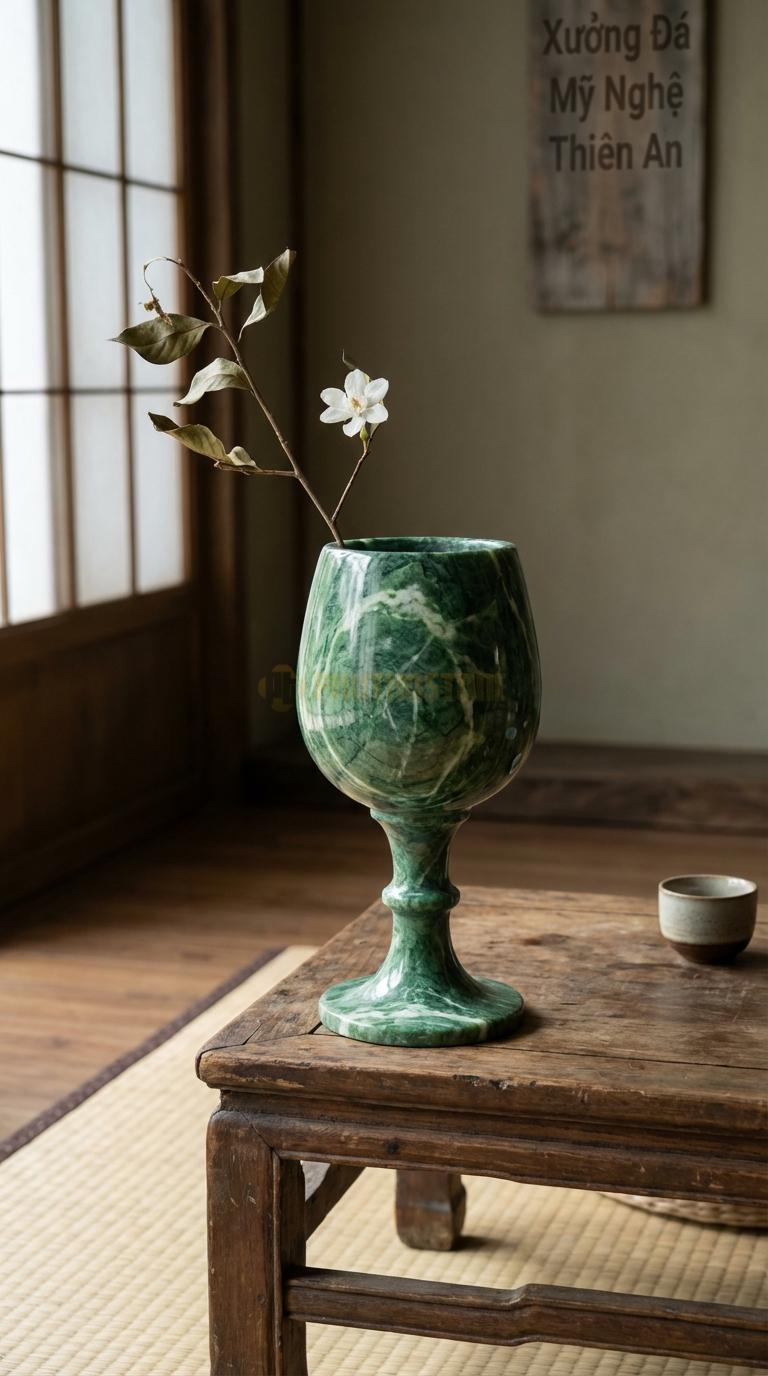 Lọ Hoa Đá Xanh Ấn Họa Tiết “Ly Rượu Vang” (Dáng Ly Chân Cao Sang Trọng). Kích Thước Cao 30Cm, Đk Miệng 12Cm.