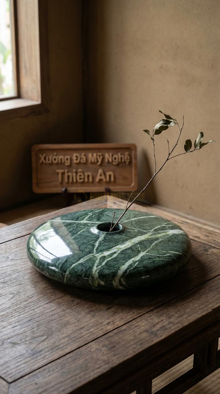 Lọ Hoa Đá Xanh Ấn Họa Tiết “Mặt Hồ Phẳng” (Đĩa Mài Bóng Như Mặt Gương). Kích Thước Đk 35Cm, Cao 4Cm.
