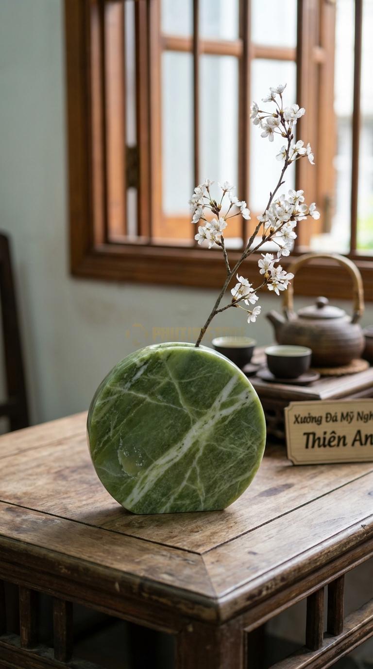 Lọ Hoa Đá Xanh Ấn Họa Tiết “Nửa Vầng Trăng” (Hình Bán Nguyệt Dẹt). Kích Thước Cao 12Cm, Ngang 15Cm.