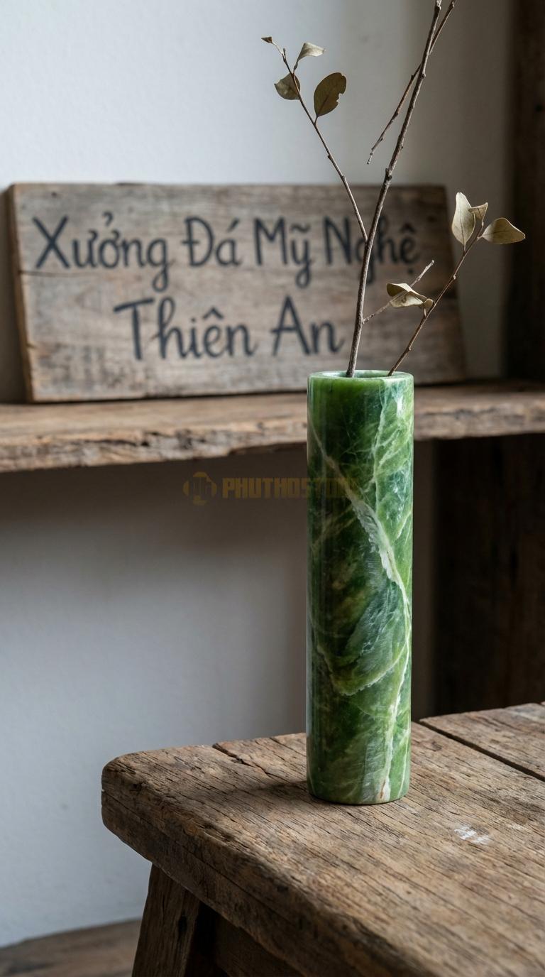 Lọ Hoa Đá Xanh Ấn Họa Tiết “Ống Nghiệm” (Dáng Trụ Siêu Mảnh). Kích Thước Cao 18Cm, Đk 4Cm.