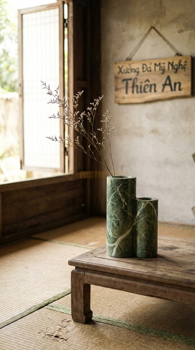 Lọ Hoa Đá Xanh Ấn Họa Tiết “Ống Trụ Kép” (Hai Ống Trụ Dính Liền Nhau Cao Thấp). Kích Thước Cao 28Cm, Ngang 18Cm.