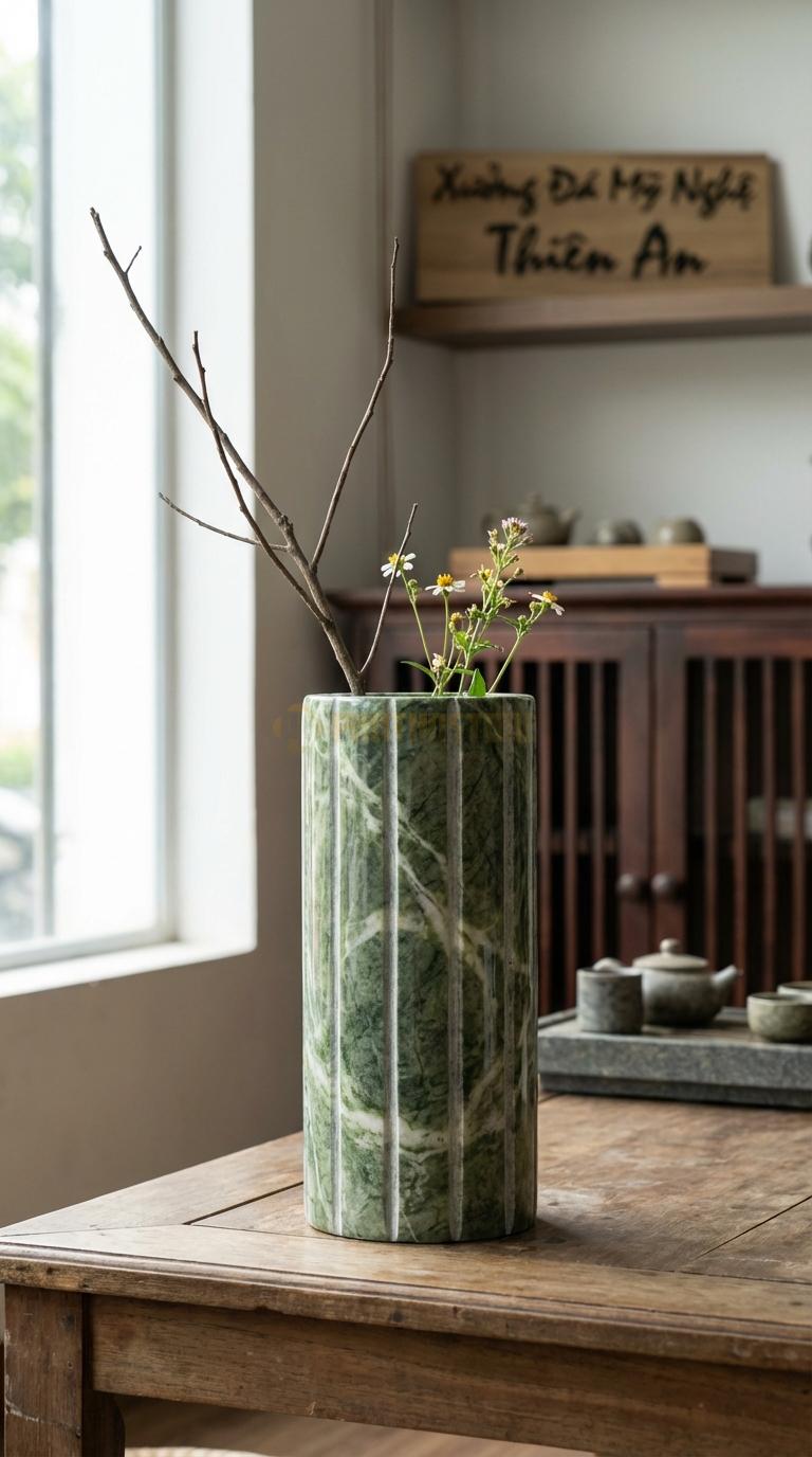 Lọ Hoa Đá Xanh Ấn Họa Tiết “Sọc Dọc Nổi” (Các Đường Gân Nổi Chạy Dọc Thân). Kích Thước Cao 30Cm, Đk 13Cm.