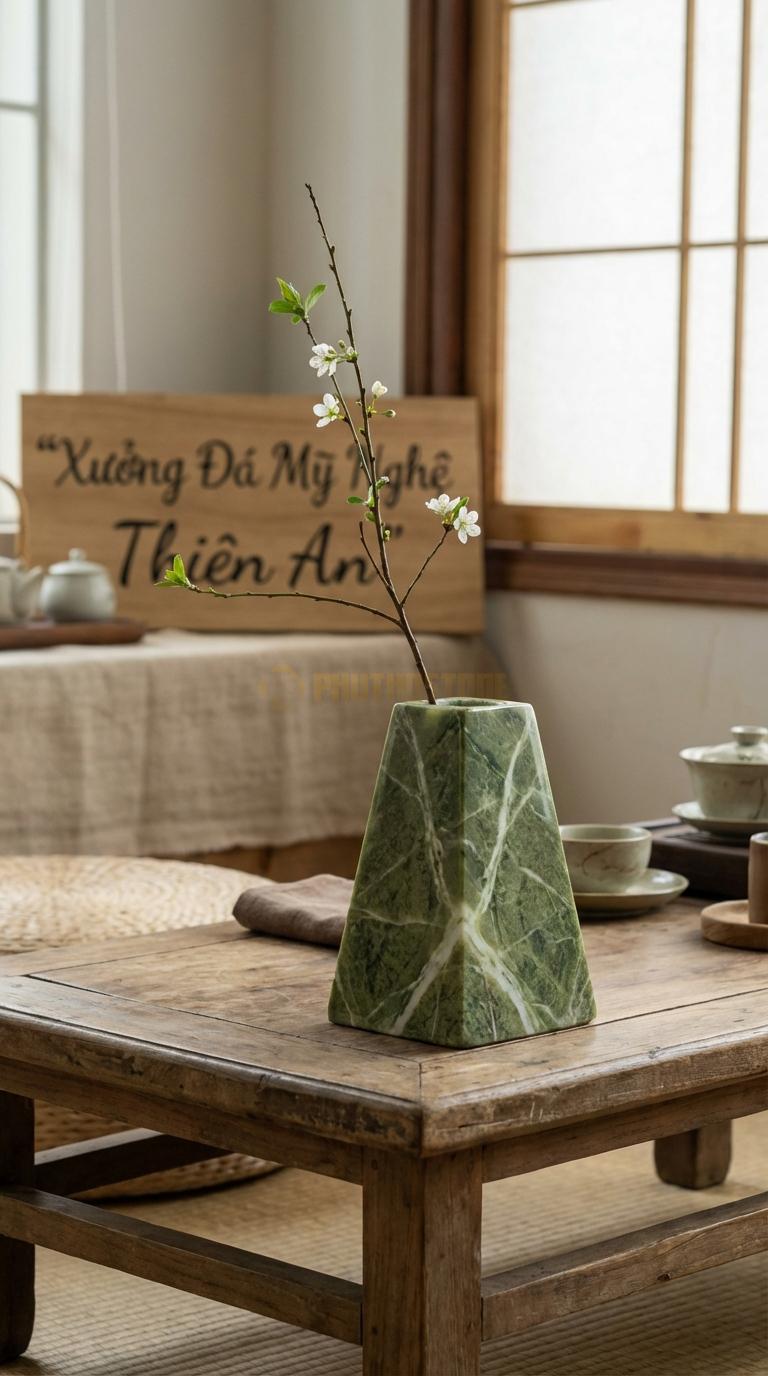 Lọ Hoa Đá Xanh Ấn Họa Tiết “Tam Giác Vát” (Dáng Kim Tự Tháp Cụt). Kích Thước Cao 12Cm, Cạnh Đáy 10Cm.