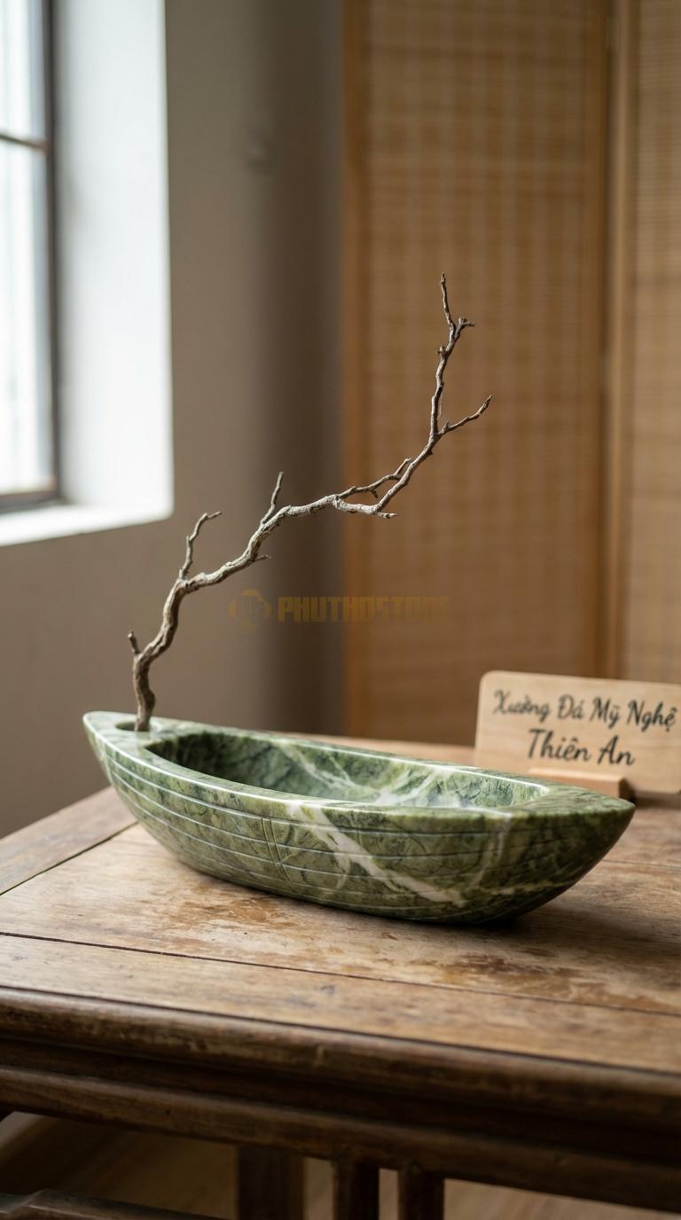 Lọ Hoa Đá Xanh Ấn Họa Tiết “Thuyền Nan” (Dáng Con Thuyền Dài, Lòng Nông). Kích Thước Dài 40Cm, Rộng 12Cm, Cao 8Cm.