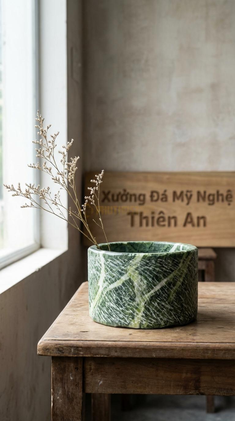 Lọ Hoa Đá Xanh Ấn Họa Tiết “Tổ Chim” (Dáng Tròn, Bề Mặt Xước Rối). Kích Thước Đk 20Cm, Cao 10Cm.