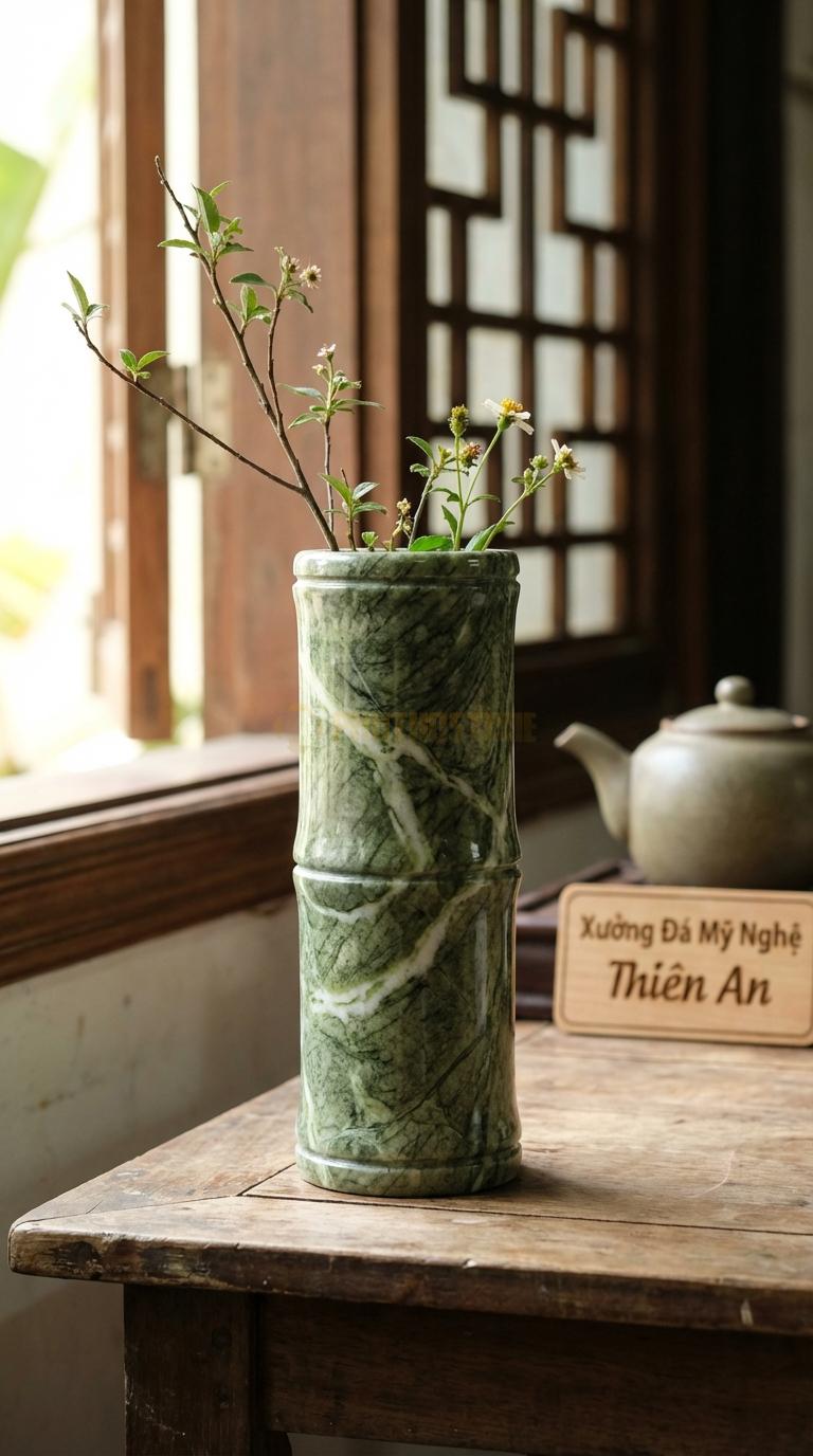 Lọ Hoa Đá Xanh Ấn Họa Tiết “Trụ Ống Tre” (Tròn Đều Từ Trên Xuống Dưới, Khắc Đốt Tre). Kích Thước Cao 18Cm, Đk 6Cm.