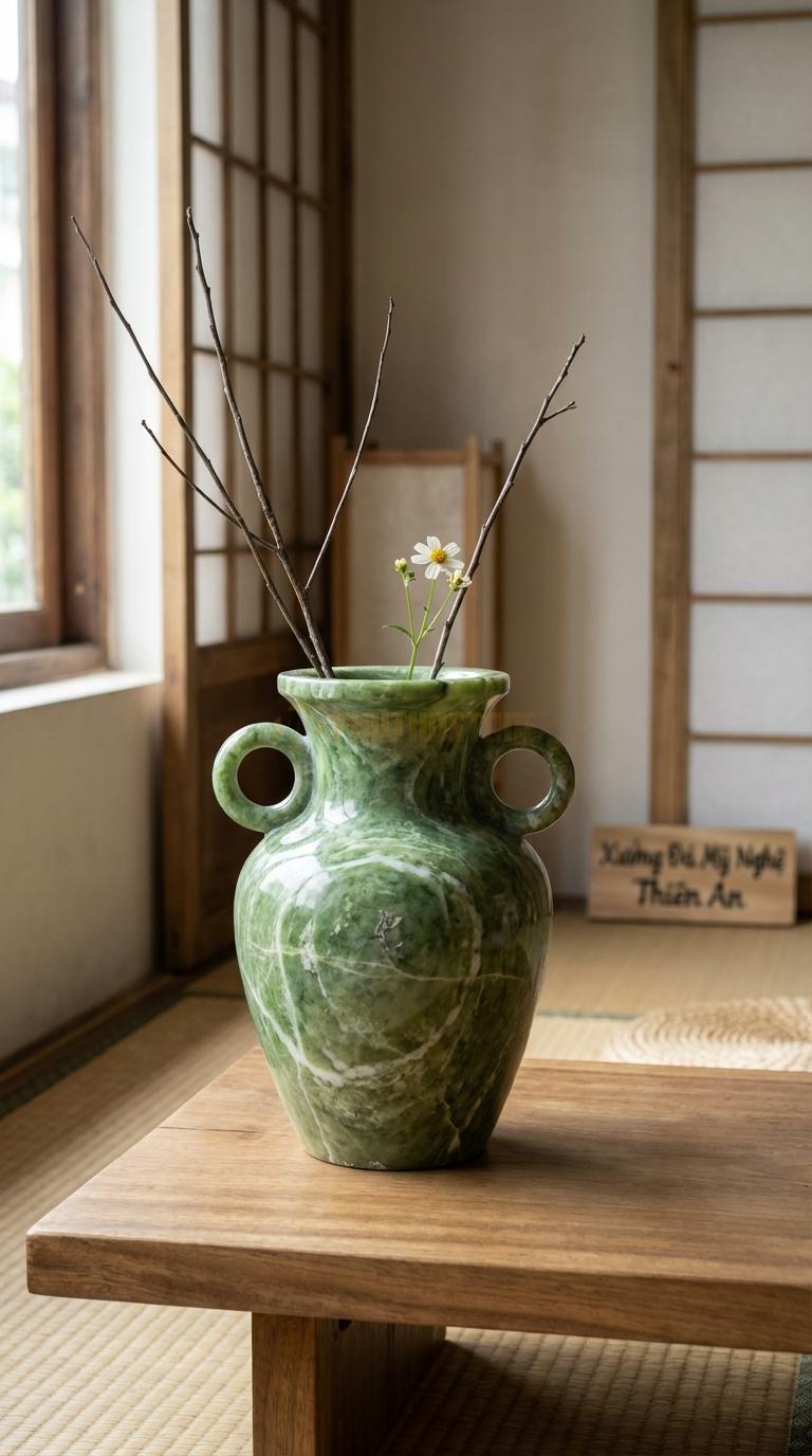 Lọ Hoa Đá Xanh Ấn Họa Tiết “Vành Khuyên” (Có Tay Cầm Tròn 2 Bên). Kích Thước Cao 28Cm, Ngang 20Cm.