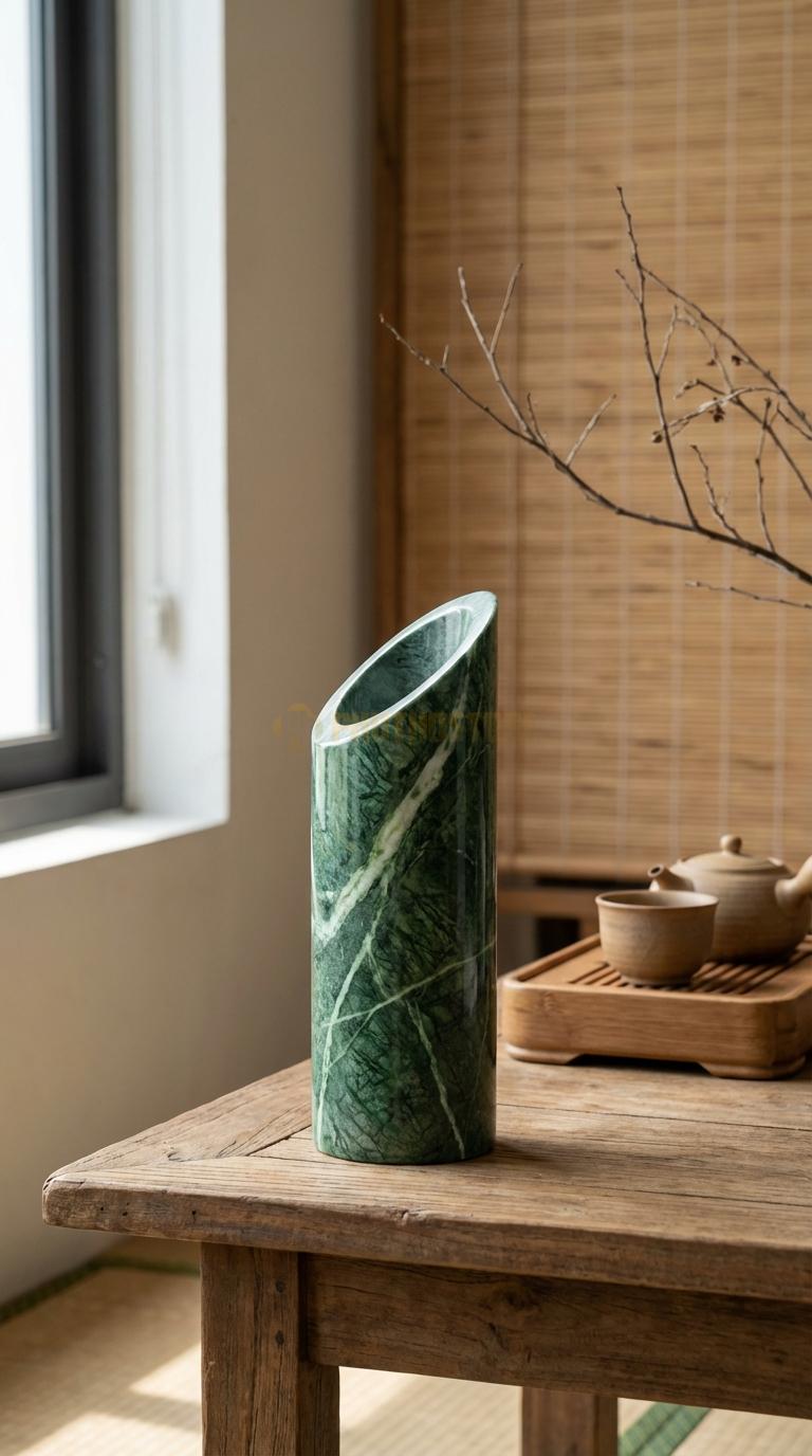 Lọ Hoa Đá Xanh Ấn Họa Tiết “Vát Xéo” (Miệng Lọ Cắt Vát 45 Độ Táo Bạo). Kích Thước Cao 20Cm, Đk 7Cm.
